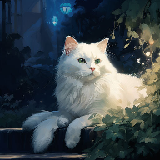 White cat lying outside at night