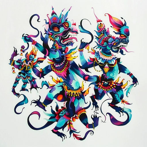 Whimsical flat tattoo sketch for a Sak Yant dancing