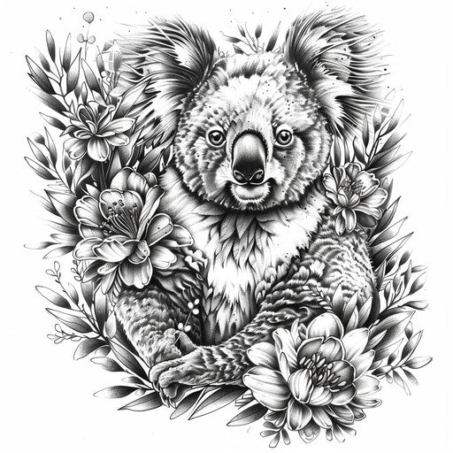 Intricate flat tattoo sketch with a koala surrounded by detailed floral patterns