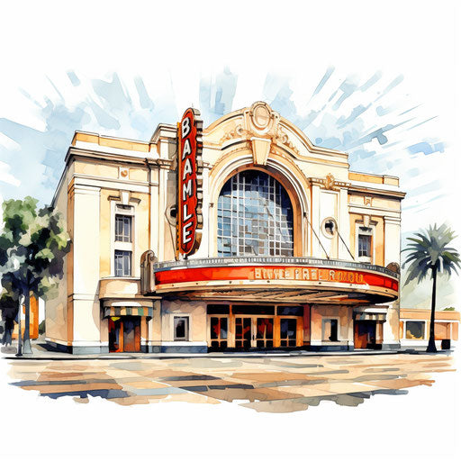 Oil painting of movie theater on white background