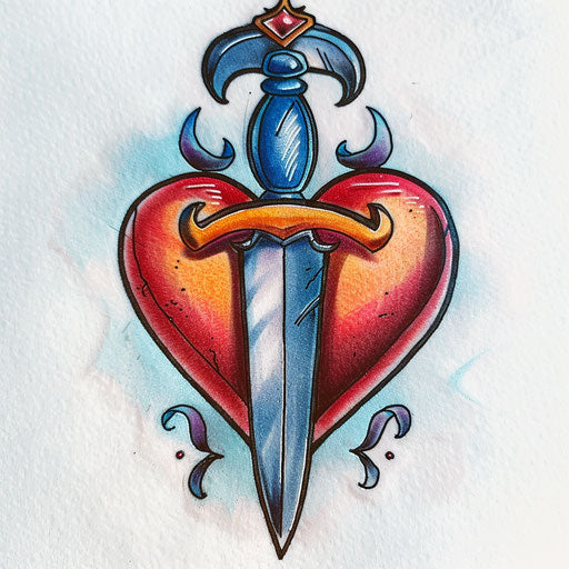Heart pierced by a dagger, neo-traditional tattoo design