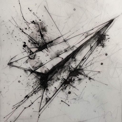 Expressive tattoo sketch of a paper airplane with dynamic splatter and drip effects in black ink