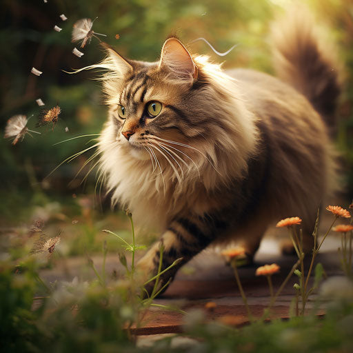 A siberian cat chasing an insect
