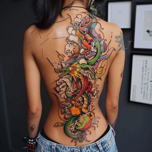 Dynamic comic-inspired spine tattoo for women