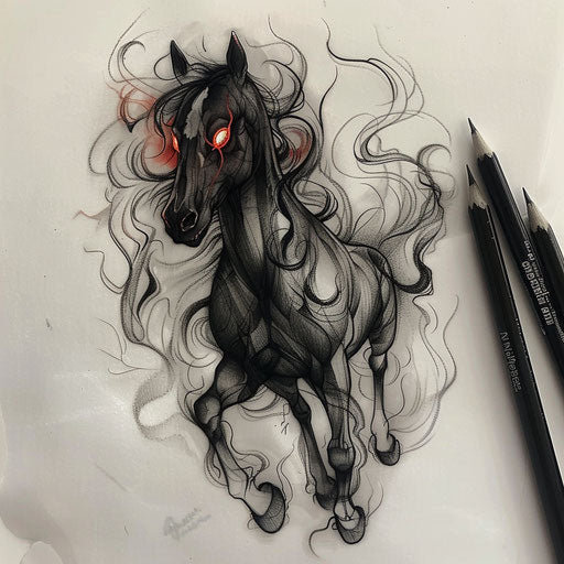 Flat tattoo sketch of a dark horse with a ghostly aura