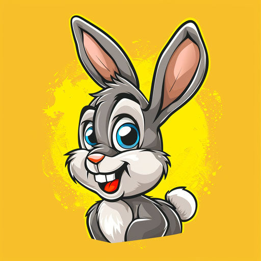 Cartoon mascot logo with a fun rabbit on a bright yellow background