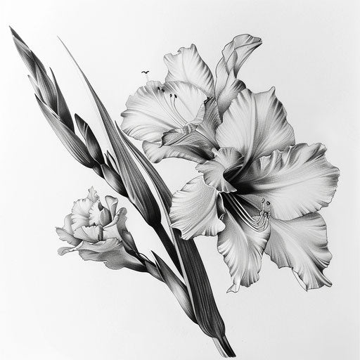 Black and grey gladiolus tattoo design on white canvas