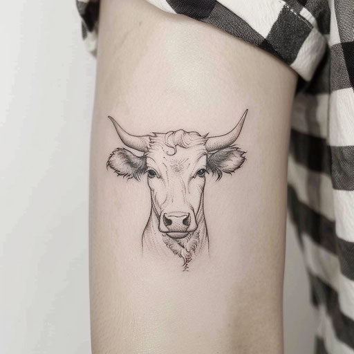 Delicate cow tattoo in fine line style, subtle and elegant