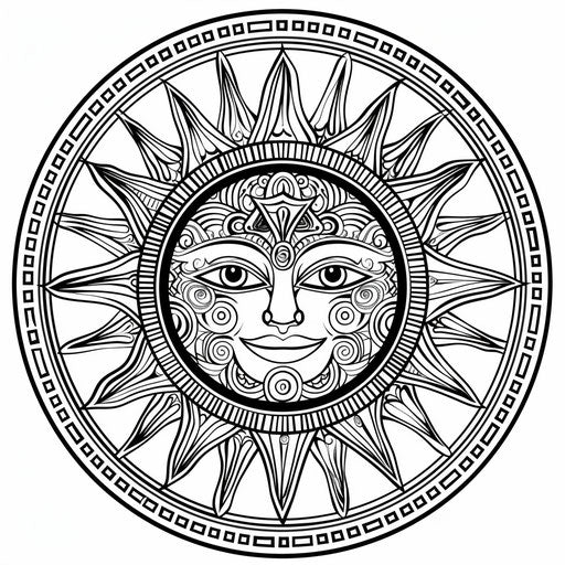 Stylized sun with tribal patterns, coloring book page