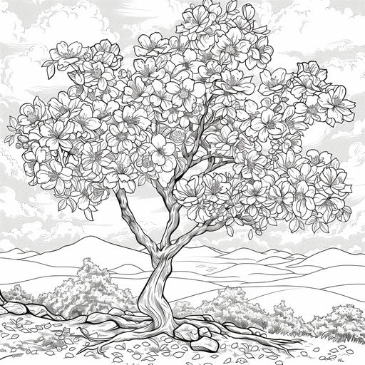 Detailed illustration of blooming cherry blossom tree. Coloring page