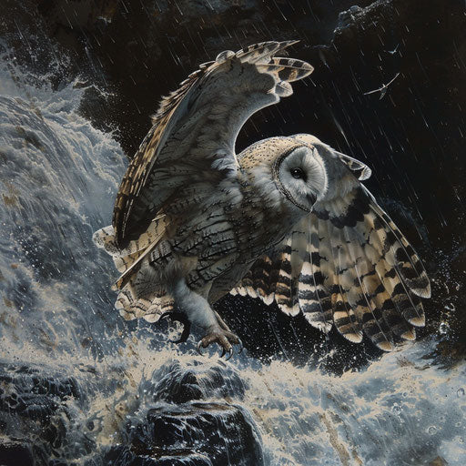 Spotted white owl in dynamic pose on ledge