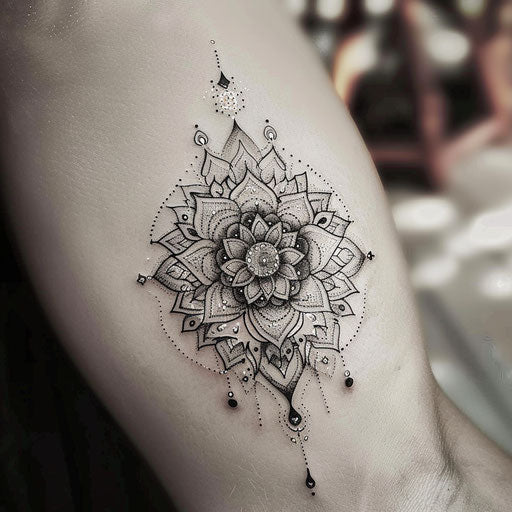 Elegant flat tattoo sketch of a mandala with intricate dot work