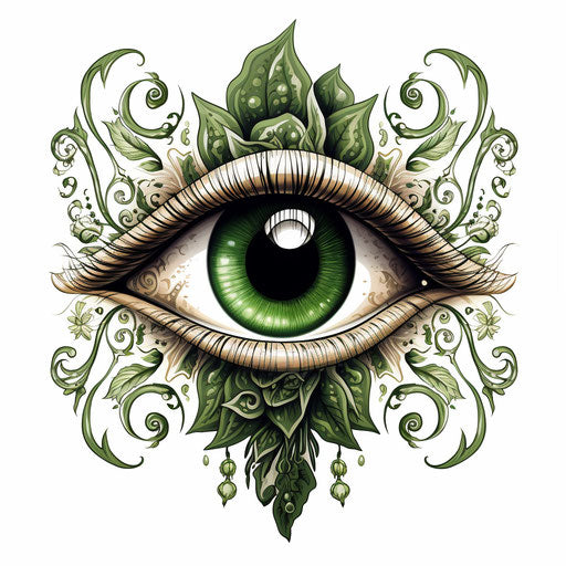 Green, black and white eye with ornamental designs, meditative style