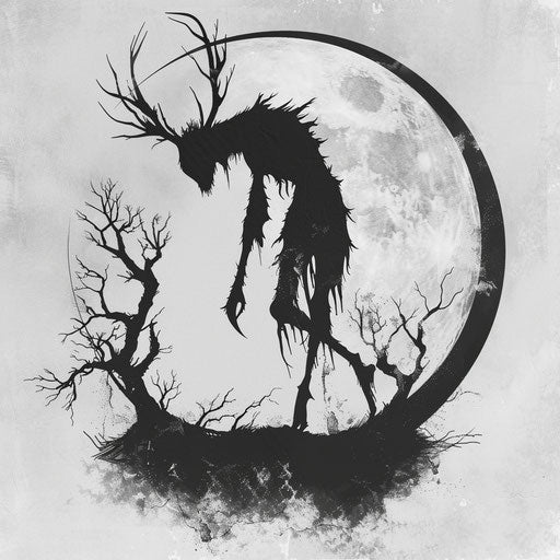 Minimalist Wendigo silhouette against full moon