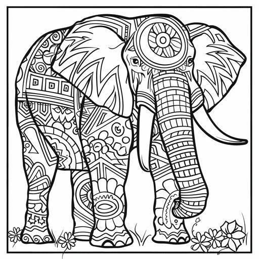 Detailed elephant with geometric patterns, coloring book page
