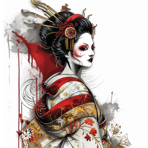 Elegant geisha with red and gold accents