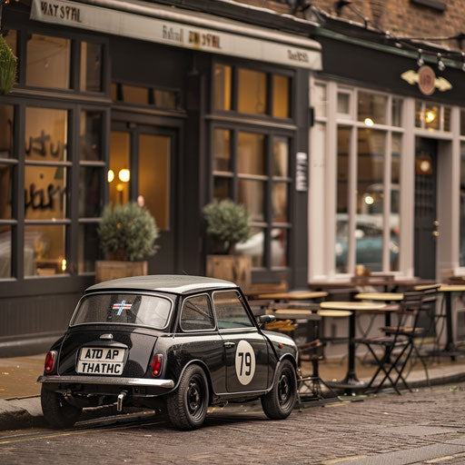 Vintage Mini Cooper café racer outside a hip café