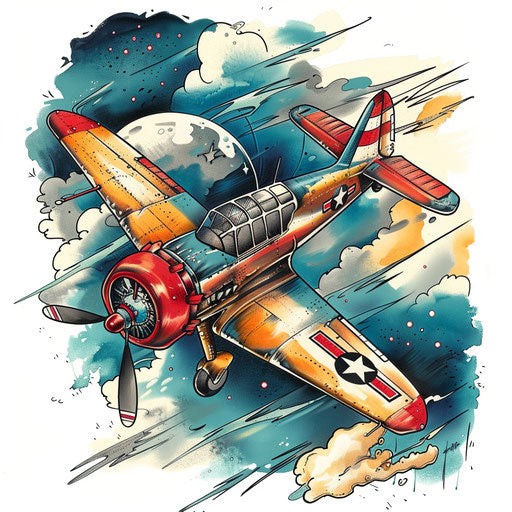 Vibrant color tattoo sketch of a vintage airplane with clouds in the background