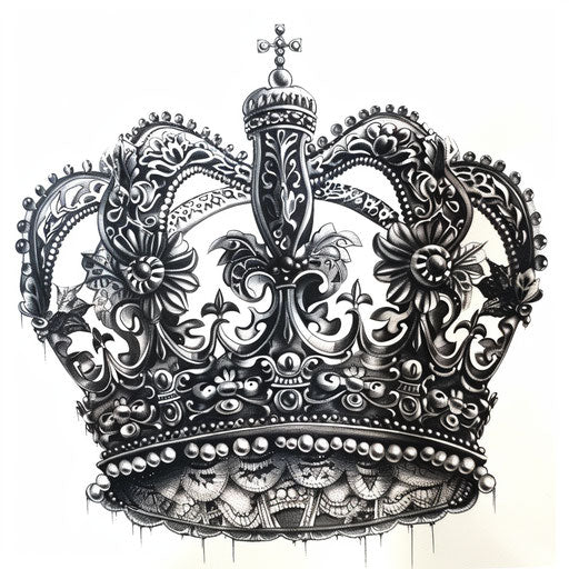 Royal crown lace tattoo in black and gray threads