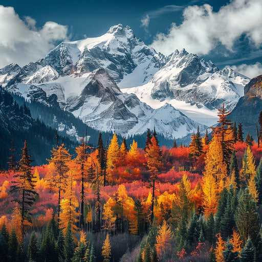 Snow-capped peaks of Cascade Mountain with vibrant autumn foliage