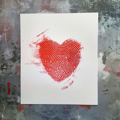 Vibrant red fingerprint heart tattoo design on white paper