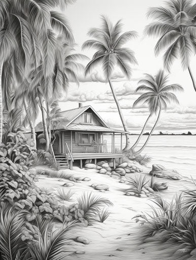 The hut on the beach with palm trees, meticulous inking style