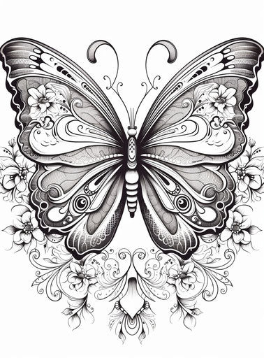 Elaborate butterfly on white background, intricate black and white style