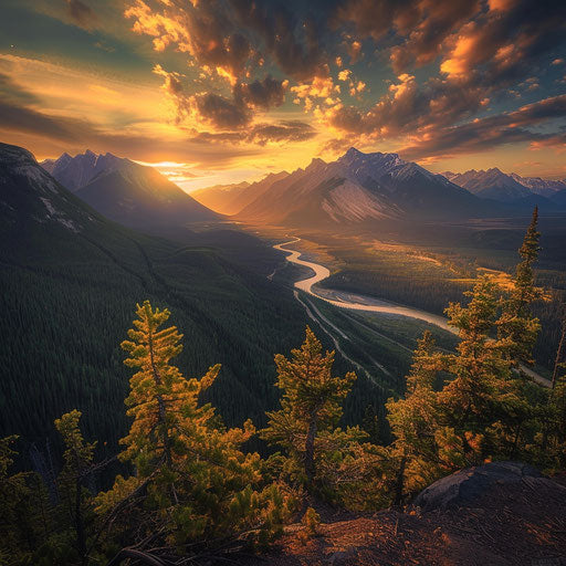 Sulphur Mountain, Canada with winding river, golden sunset, in the style of Erez Marom