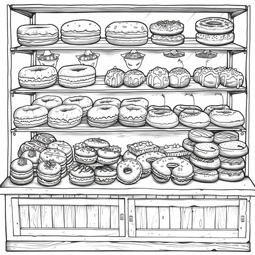Donut shop display with various donuts, coloring book page