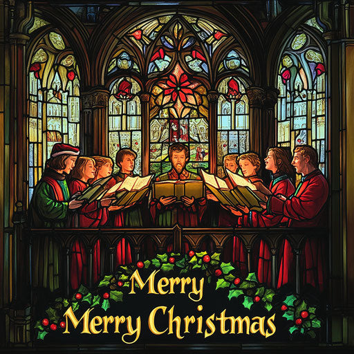 Merry Christmas in a gothic font on stained glass with a choir singing carols in a candlelit church.