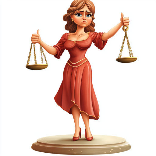 Humorous caricature of a justice caricature with human characteristics, exaggerated thick eyelashes, big feet, standing on a pedestal, vibrant colors, cartoon style, thumbs down, high-resolution, no background, isolated