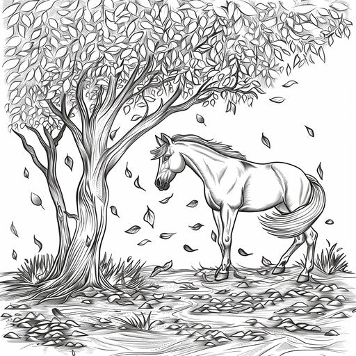 Horse under a tree with falling leaves