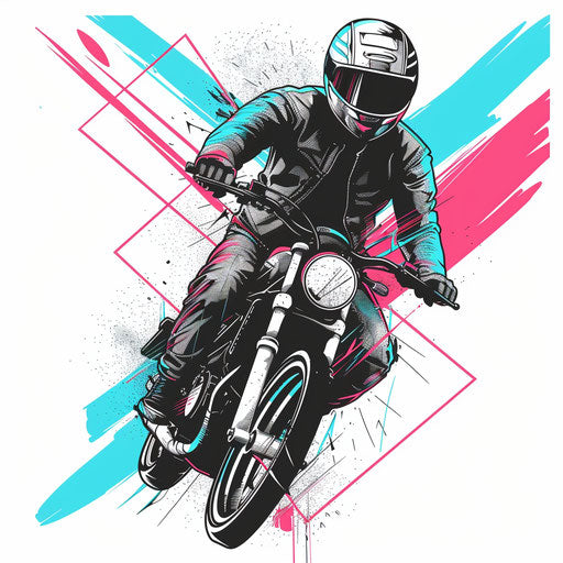 Biker with geometric lines and neon blue highlights