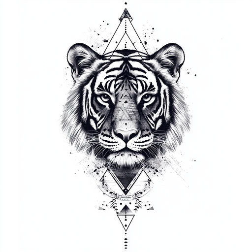 Tiger tattoo sketch on hand with geometric shapes and patterns