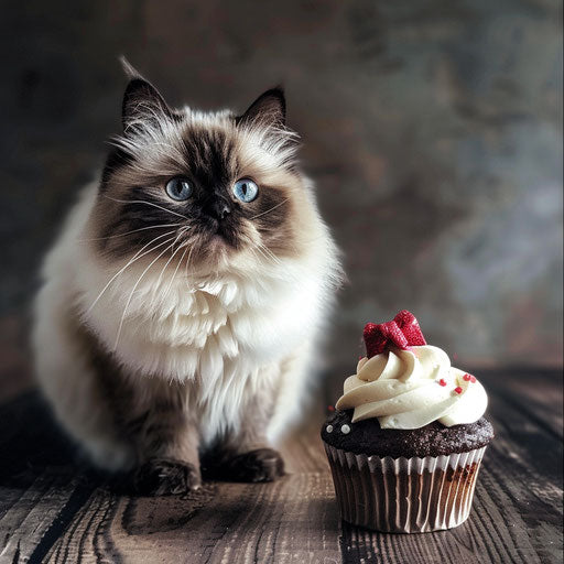 Himalayan cat with a tiny bow on its head, next to a cupcake