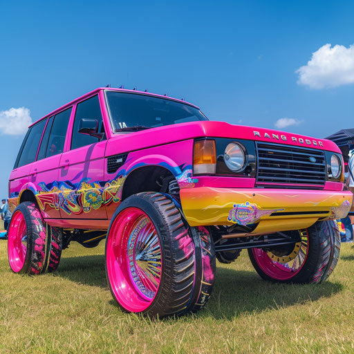 1980 Range Rover hotrod with exaggerated wheels and flamboyant paint at car show