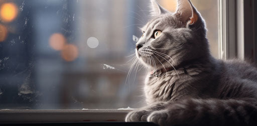 Grey cat on window sill in light purple and light orange style