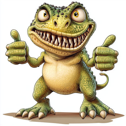 Humorous caricature of a dinosaur with big exaggerated teeth, toe feet, vibrant colors, cartoon style, thumbs down, high resolution, isolated
