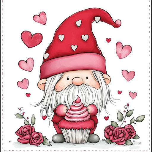 Valentine's Day Gnome with roses and hearts, holding a cupcake