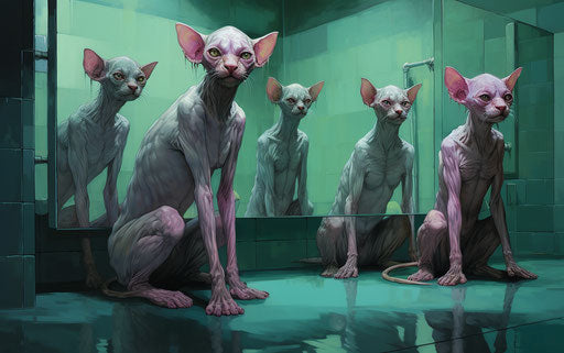 Hairless cats on floor, in the style of light purple and dark aquamarine