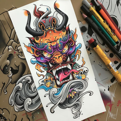 Colorful traditional tattoos on Japanese demon