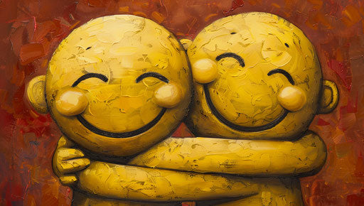 Two yellow emoticoids smiling, embracing with their hands