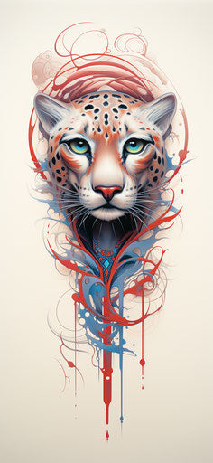 Cheetah tattoo in red and blue, fine feather details, Hopi art
