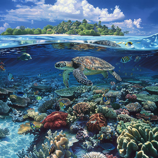 Vibrant coral atoll with crystal-clear waters and swimming turtle