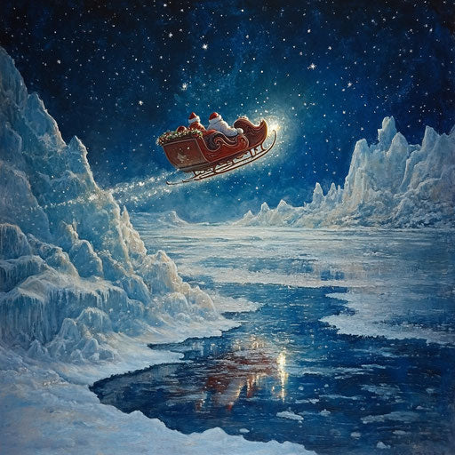 Santa's sleigh flying over a sparkling icy lake