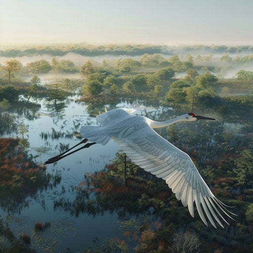 Soaring crane in wetlands and forests