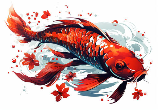 Red koi fish on white background, tattoo-inspired style, shadowing