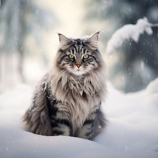 Norwegian forest cat in the snow