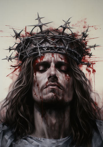 Jesus in crown tattoo, dark white-red style