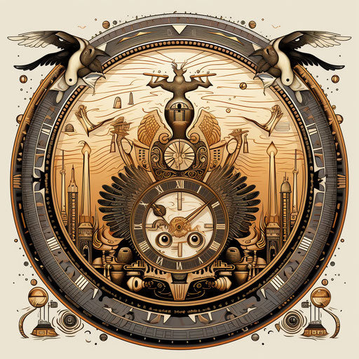 Egyptian clock in delicate ink style, surreal elements, intricate dotwork, birds-eye-view, Art Nouveau lines, simplistic cartoon, Rococo inspiration